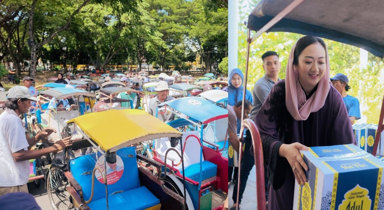 [Foto] Ketua TP PKK Bantaeng Gunya Paramasakhaputri mendampingi Bupati Bantaeng Uji Nurdin bagi-bagi bingkisan lebaran ke tubek dan tukang sapu jalan, Jum'at (28/3).(Dok.IST)